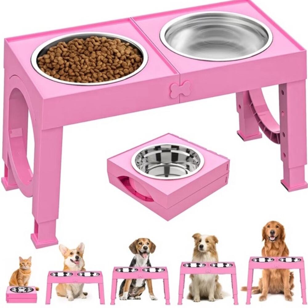 Pink Elevated Stainless Steel Dog Food Bowls